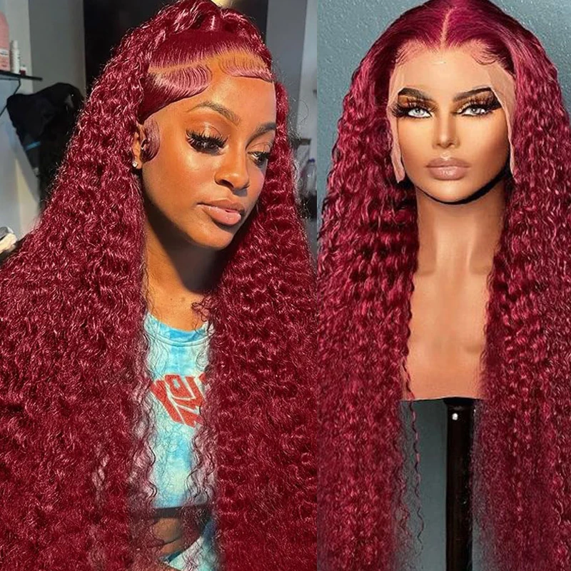 Perruque Lace Front Wig Deep Wave Naturelle Bordeaux 99J, Cheveux Humains, Vin Rouge, 13x4, 13x6, 30 Pouces, 180%, pour Femme