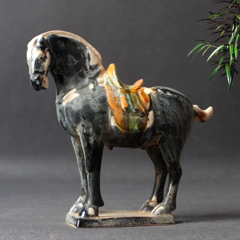 Chinese Antique Imitation Tang Tri-Color Glazed Ceramics Black War Horse Porcelain Statue 8.27 inch