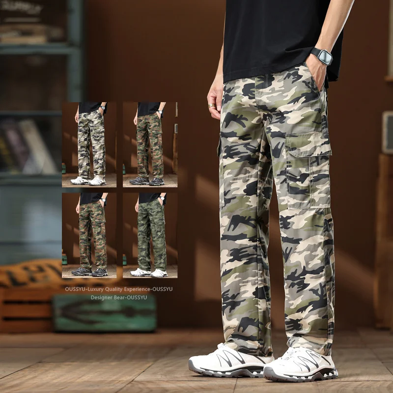 Spring Summer Men's Camo Cargo Pants Elastic Waist Baggy Straight Trousers Outdoor Tactical Work Desert Camouflage Pants Man