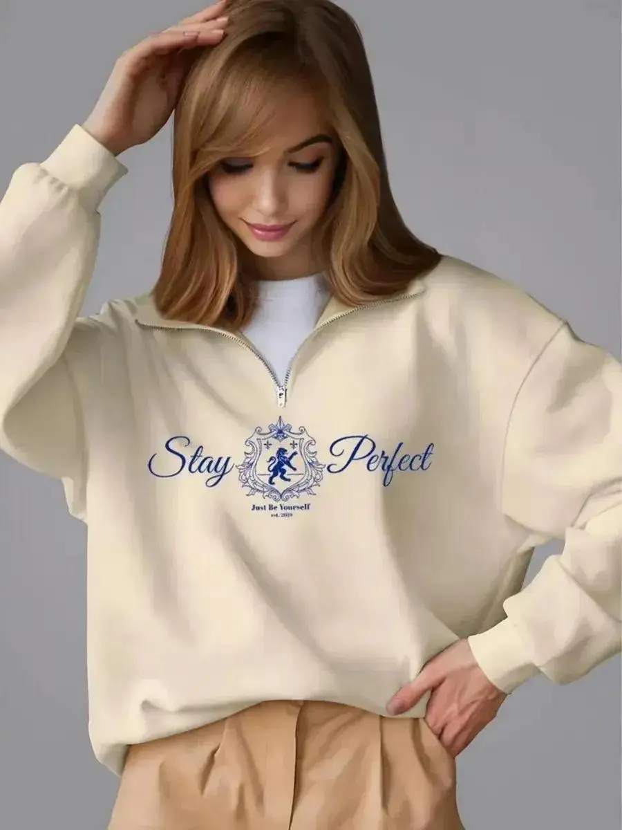 American Preppy Half Zip Oversized Sweatshirt Stay Lion Royal Shield Crest Vintage Printing Loose Women Autumn Street Pullover