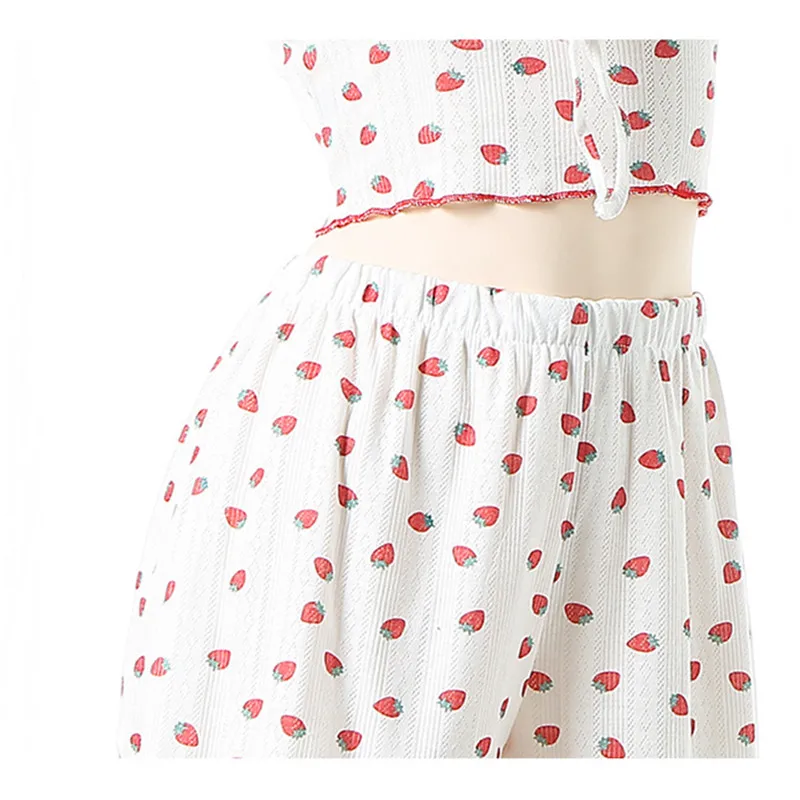 Women\'s Pajamas Suspenders Strawberry Print Cotton Shorts Two Piece Set Summer Cute Style Comfortable Sleepwear Pajamas Set