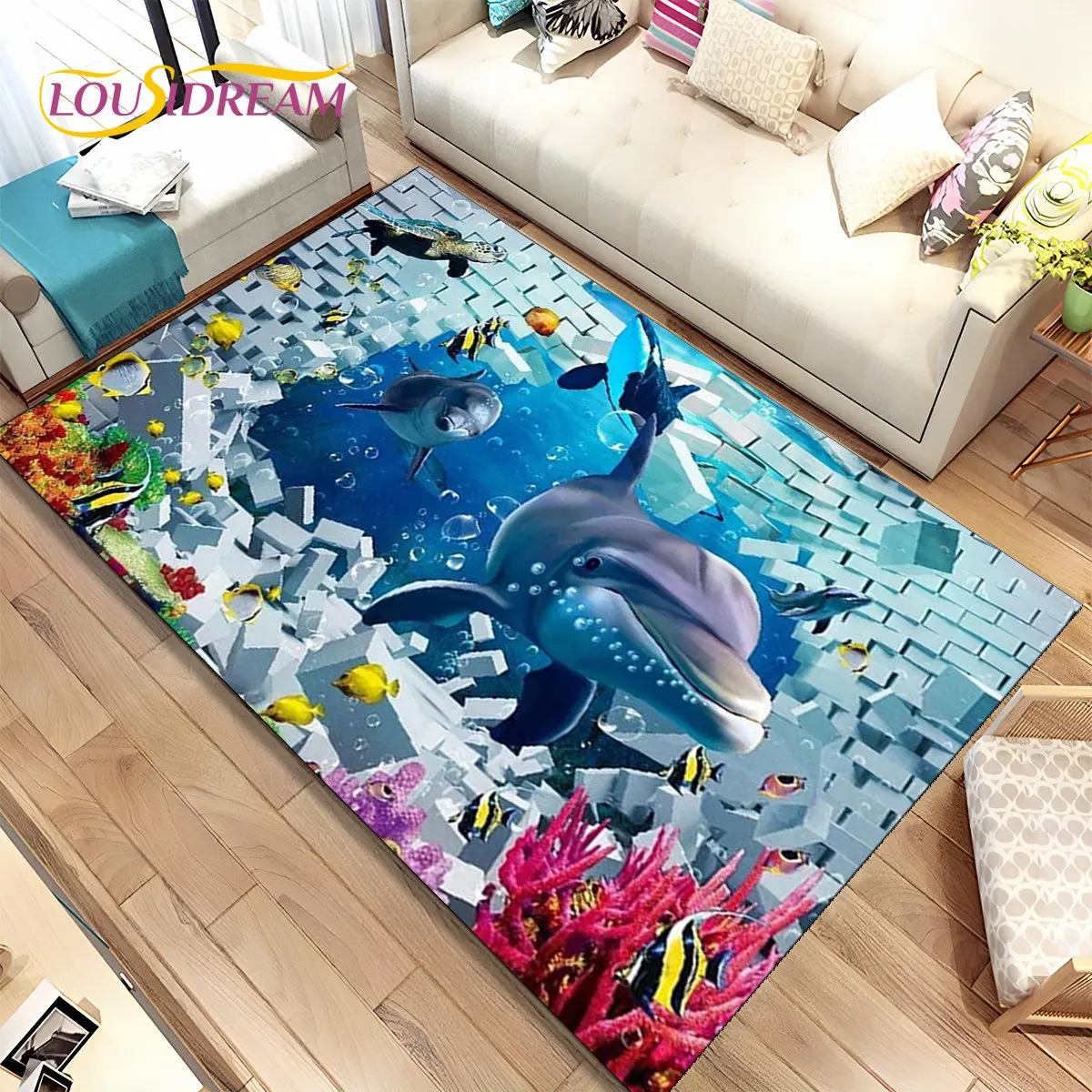 3D Illusion Seabed Underwater World Dolphin Shark Area Rug,Carpet Rug for Living Room Bedroom Sofa Doormat,Non-slip Floor Mat