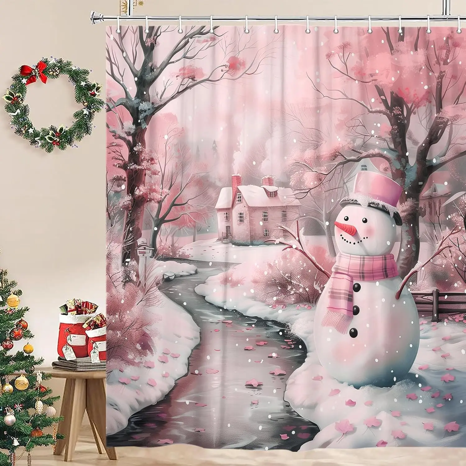 

Cute Pink Christmas Snowman Shower Curtain, Winter Xmas Farmhouse Snowflake River Landscape Fabric Shower Curtains Set for