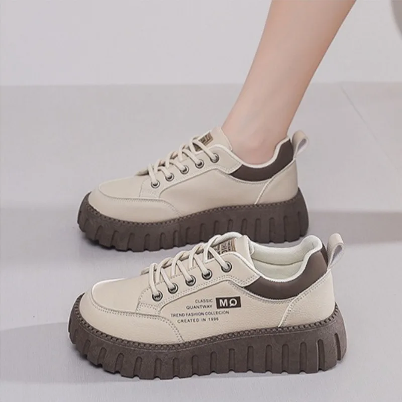 

Quality Women Shoes Sneakers High Quality Leather Casual Shoe Lace Up Vulcanize Shoes for Women Height Increasing Platform Shoes