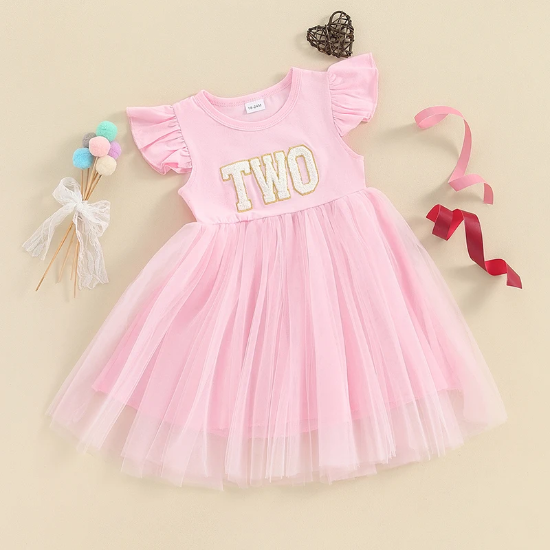 Toddler Baby Girl 1st 2nd 3rd Birthday Dress Ruffle Sleeve Princess Tulle Dress Cake Smash Party Tutu Dresses