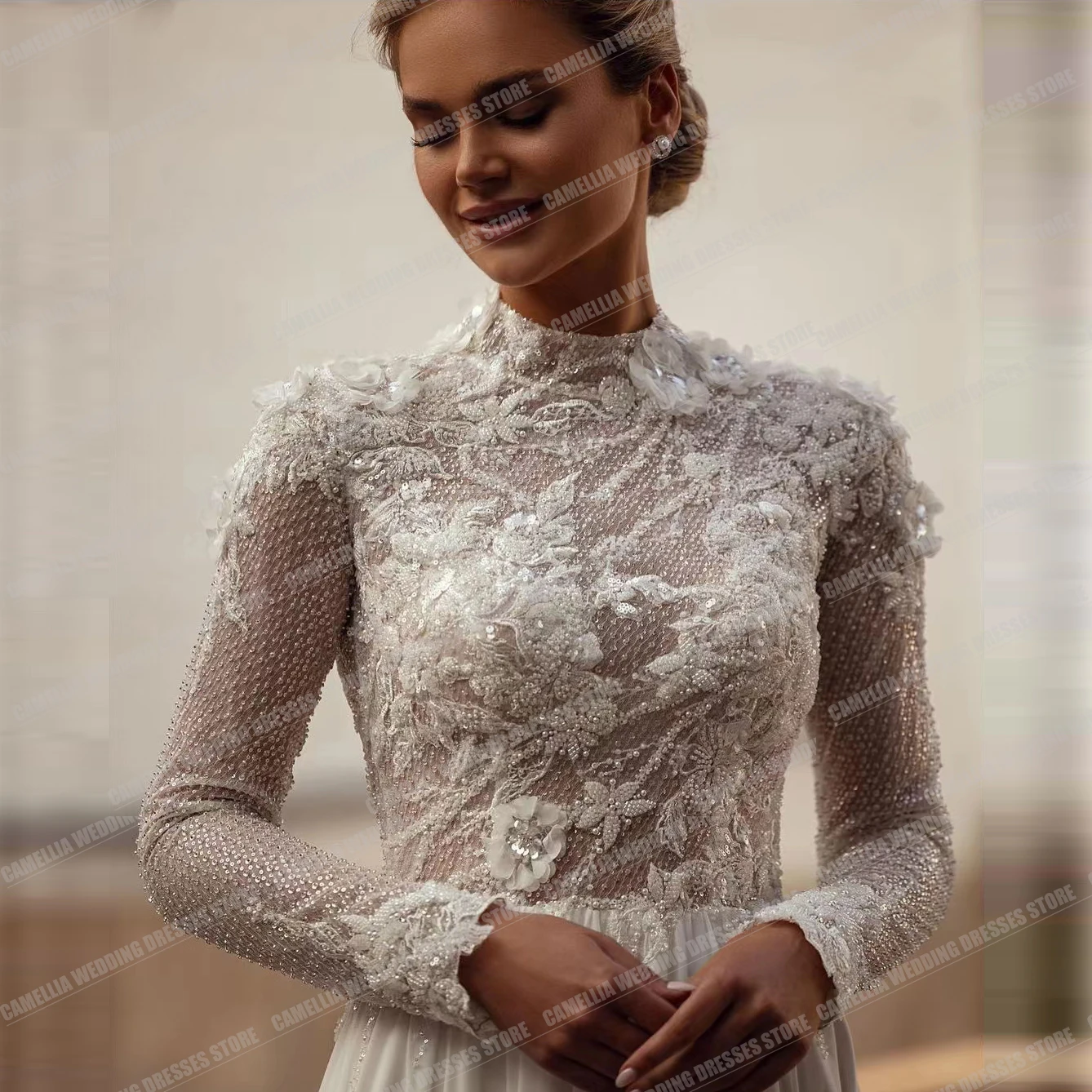 Vestidos de casamento linha A para mulheres, vestidos boho, elegantes apliques sexy de renda, gola alta, festa formal e muçulmana