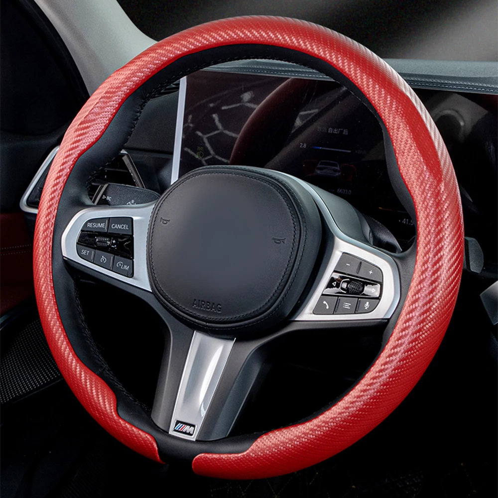 Car Steering Wheel Covers Carbon Fiber Steering Wheel Cover Wrap Universal 36-38cm Breathable Steering Covers Auto Accessories