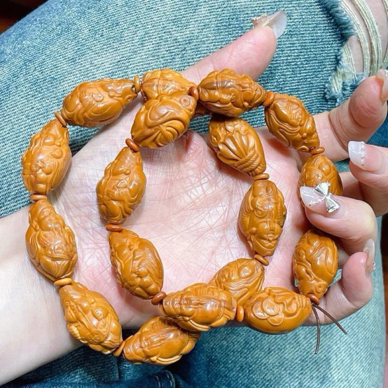 Natural Olive Nut God of Wealth Hand Carved Money Drawing Pi Xiu Stone Carving Bracelet