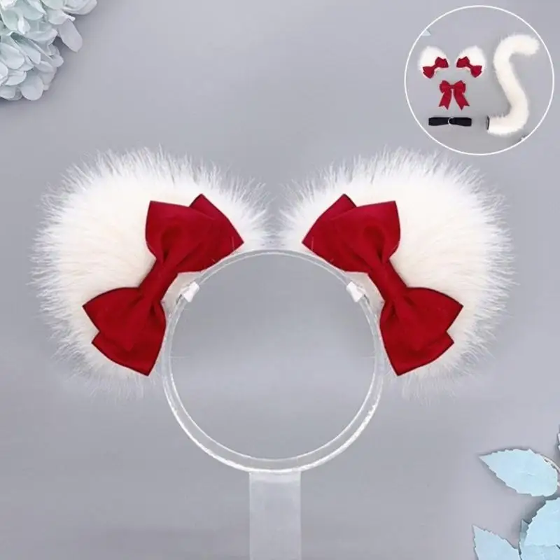 Catgirl 의상 액세서리 모피 고양이 귀 동물 꼬리와 나비 튜브 할로윈 동물 의상 액세서리 여자 소녀 A0NF