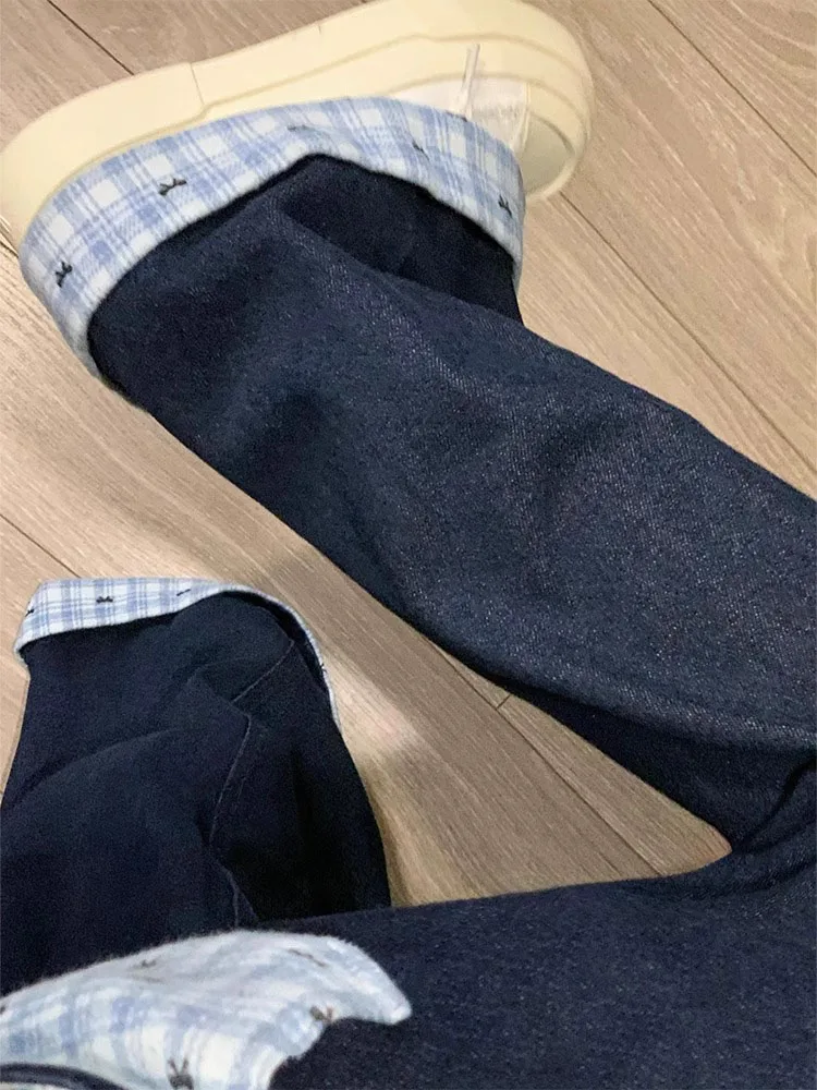 

Американские джинсы в клетку, женские свободные джинсы с высокой талией, прямые брюки, широкие длинные брюки, осенние новые брюки больших размеров для похудения