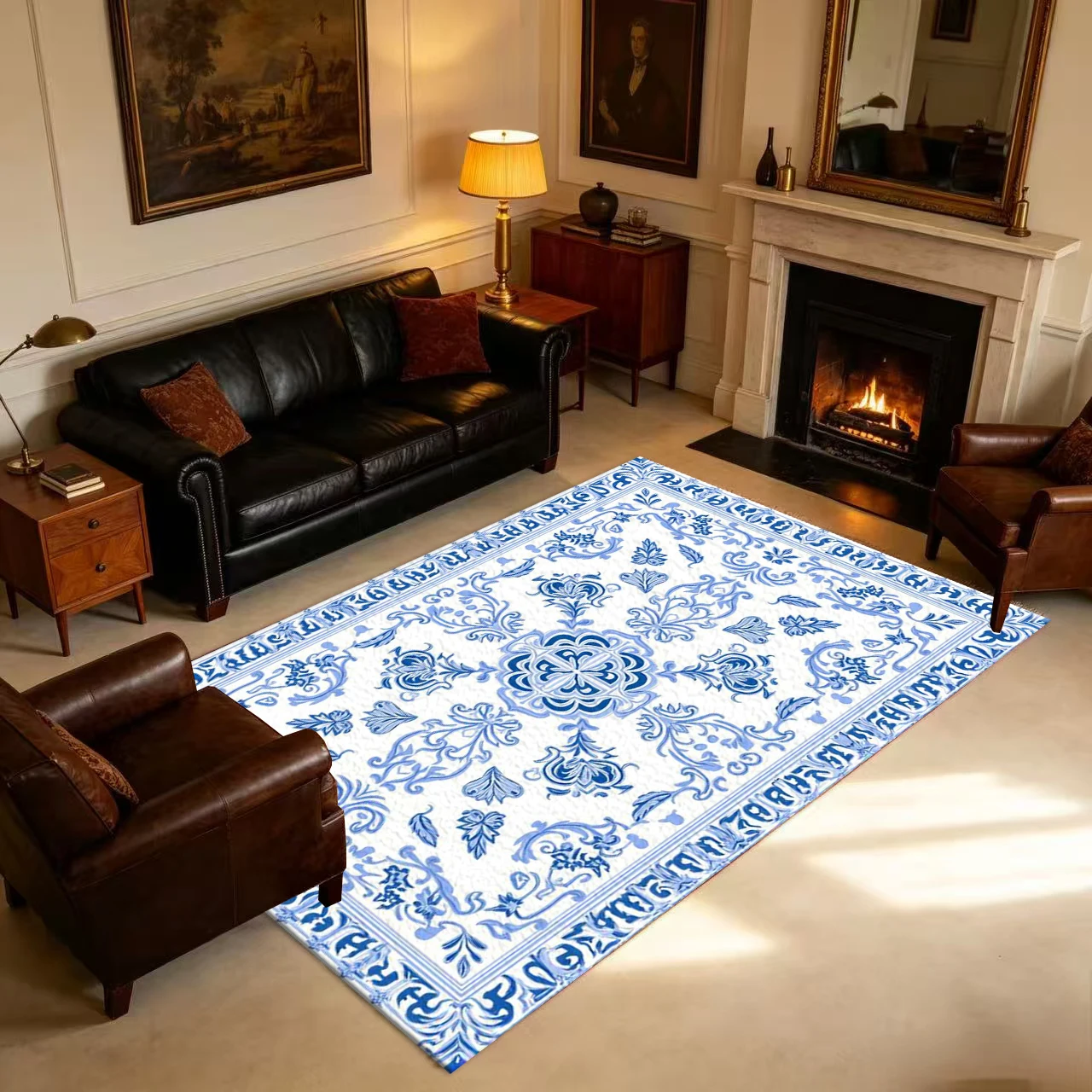 Classic Blue and White Porcelain Pattern Carpet Flooring, Traditional Luxurious Home Flooring Carpet, Suitable for Interior Decoration