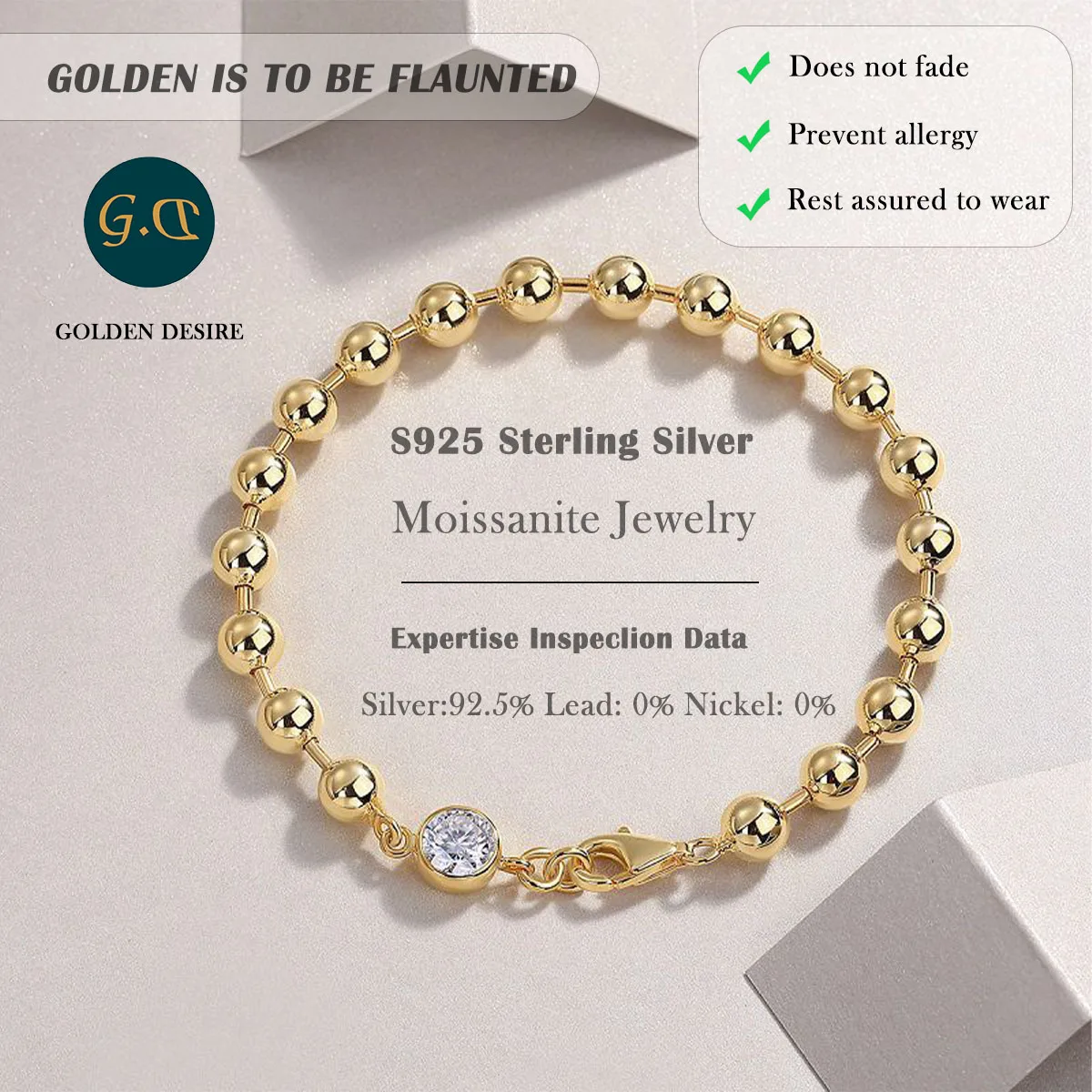 1 Carat Golden Spheres Moissanite Bracelet – 18K Gold Plated S925 Silver Beads, Symbolizing Strength and Connection