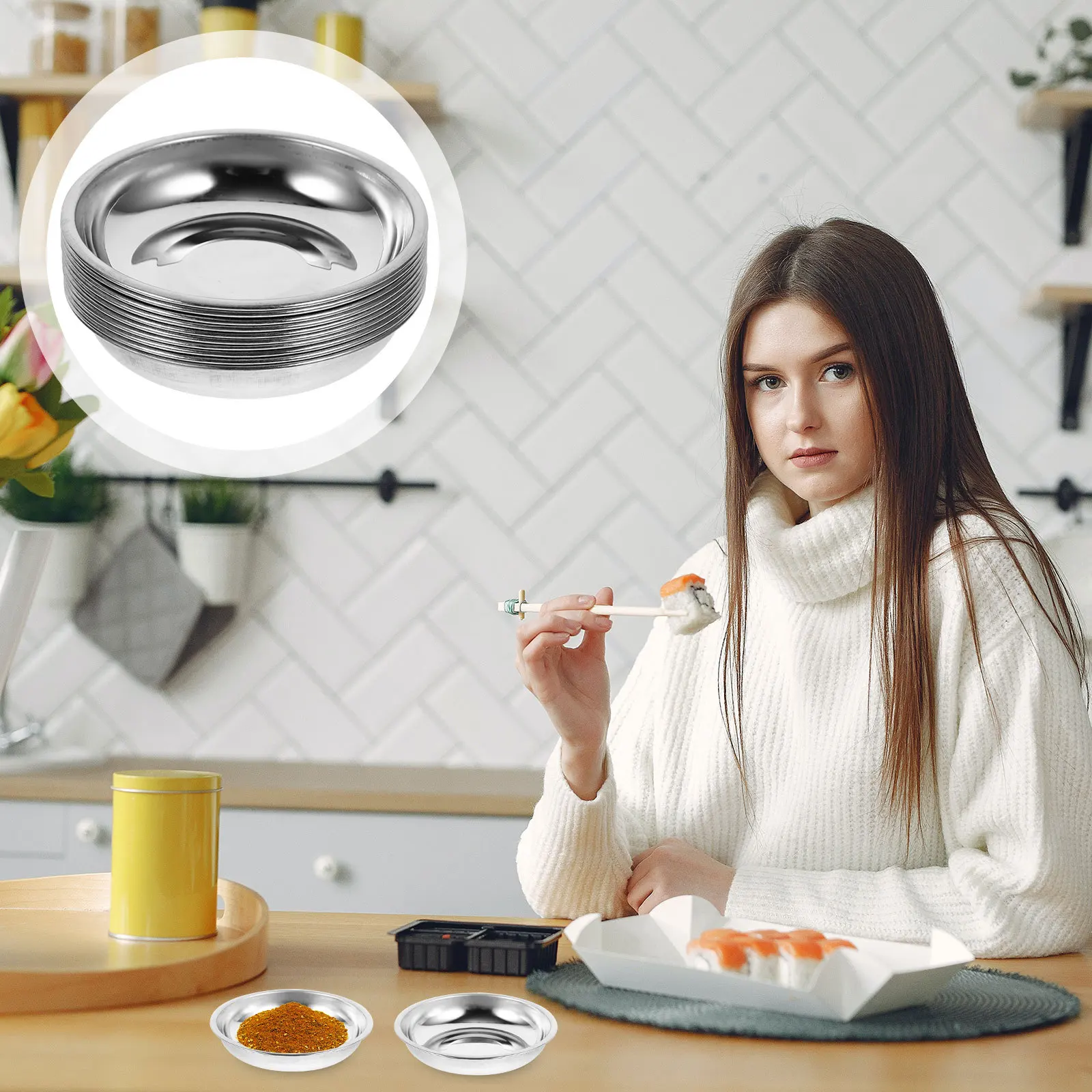 

10Pcs 8cm Round Stainless Steel Dishes Seasoning Bowls Appetizer Serving Plates for Hot Pot Barbecue Stainless Steel Saucer
