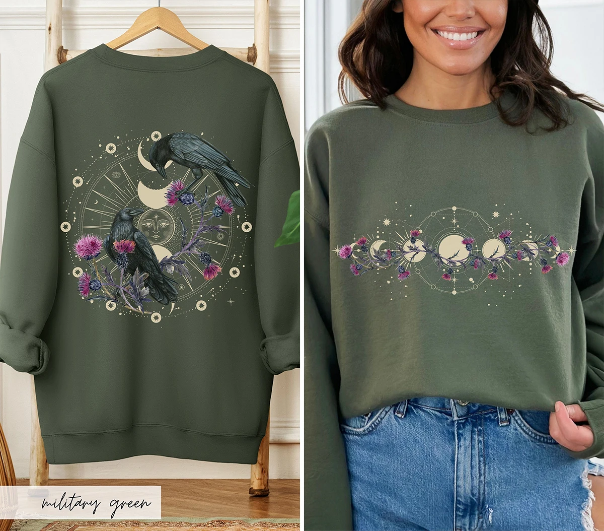 Moon Phase Whimsigoth Sweatshirt  Vintage Celestial Ravens and Thistle Crewneck Sweater Unisex Y2K Loose Dark Academia Pullovers