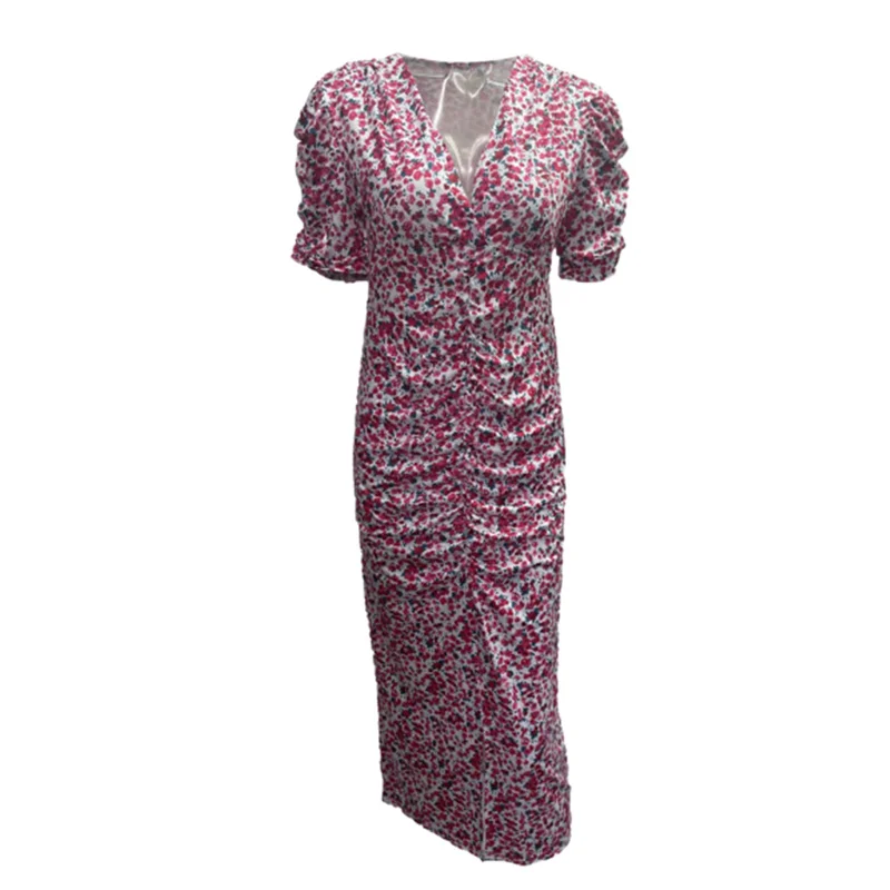 Women Bubble Short Sleeve Dresses Deep V Neck Pullover Dress Split Hem Pleated Gown Female Sweet Style Small Flower Print Frock