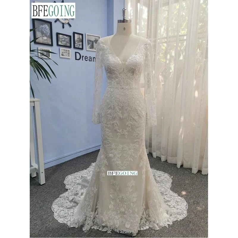 Lace Long Sleeves Mermaid/Trumpet Wedding Dresses Chapel Train Custom Made Floor-Length Appliques Bridal Gowns