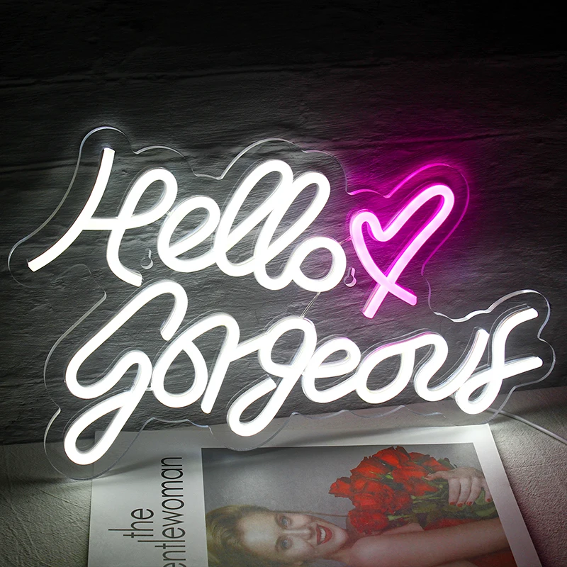 Hello Gorgeous Neon Sign LED Room Wall Decor, USB 62, Acrylique avec interrupteur, Kids Room, Party Bar, Club Decor