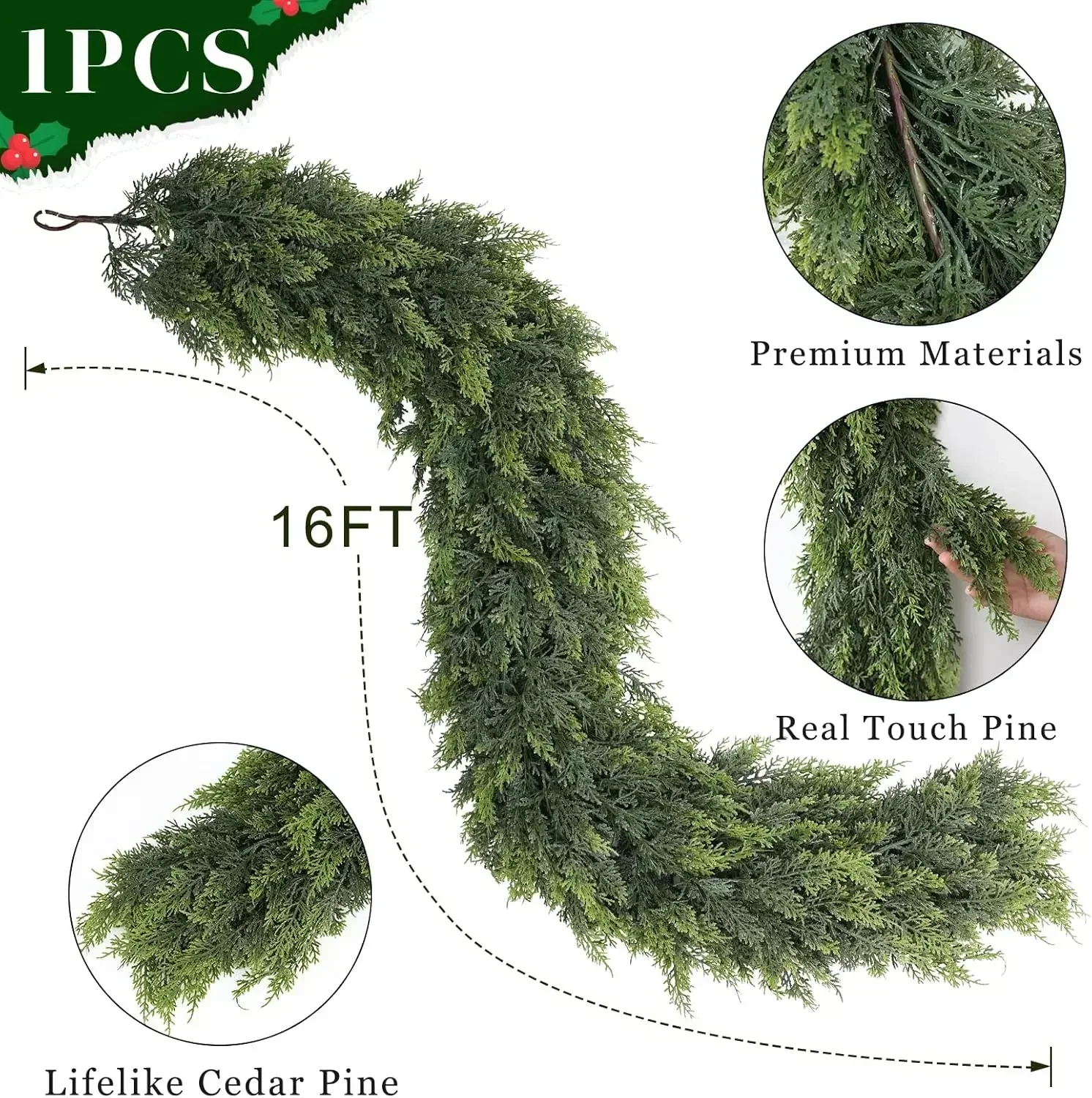 

Real Touch Cedar Garland - Artificial Christmas Garlands Faux Green Cedar Fake Pine Needles Garland for Fireplace,Table, Stairs