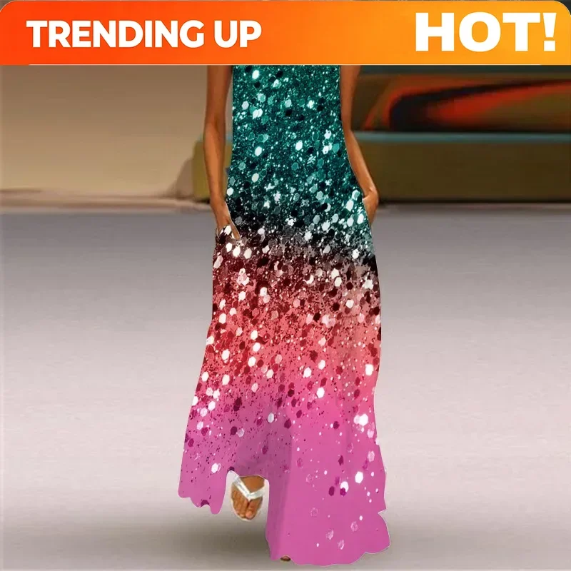 Customization New Summer Women's Retro Sleeveless V-neck Pullover Printed Sexy Long Dress Casual Women's Loose Pocket Oversized