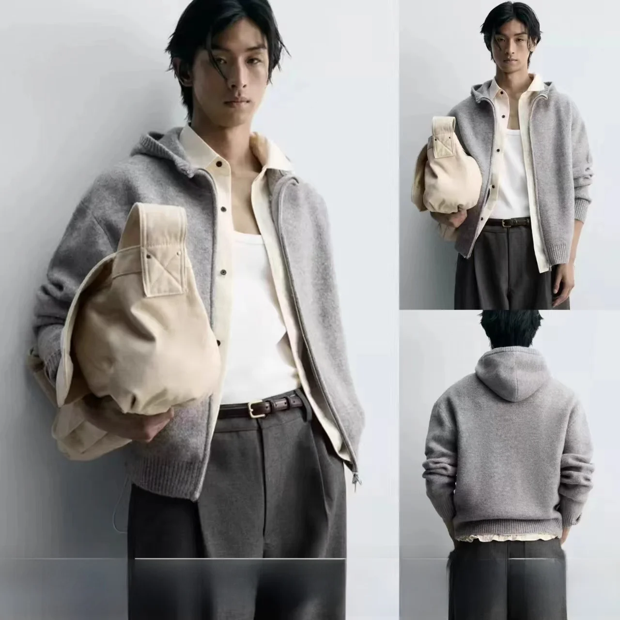 

New Men's Loose Fit Zippered Knitted Sweater Jaet Hooded Stand Collar Coat Breathable Comfortable Warm Cotton Long Sve