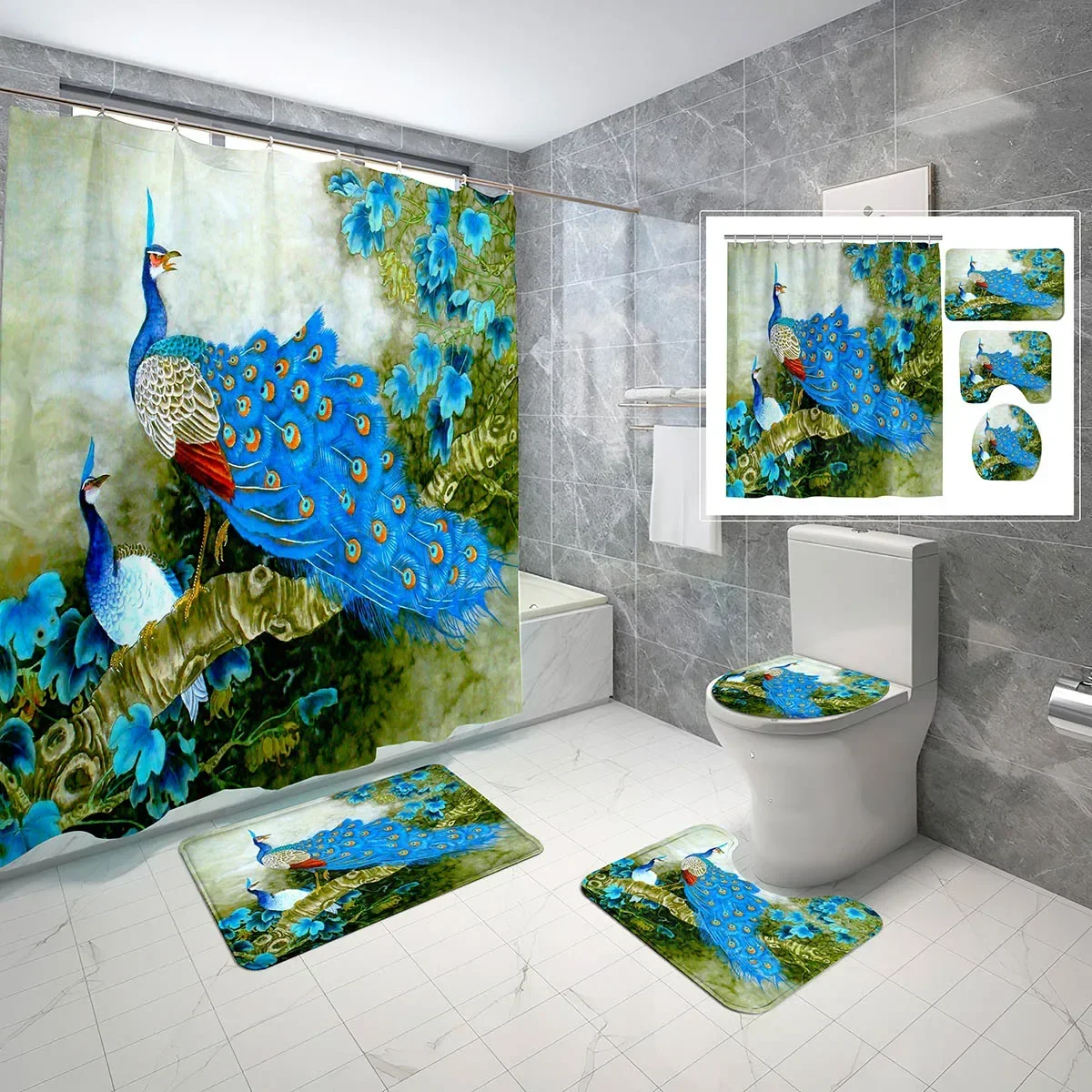 

4 Pcs Set Peacock Shower Curtain Set Beautiful Animal Bathroom Non-Slip Bath Mat Waterproof Shower Curtain Toilet Cover Set