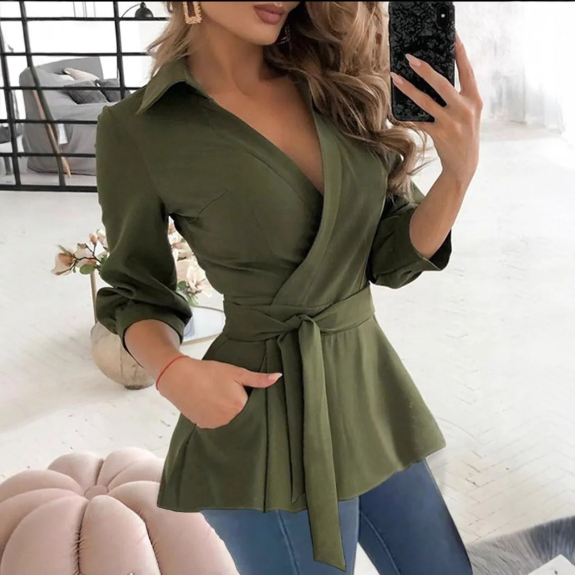 Primavera outono casual decote em v manga longa impresso camisa de trabalho topos feminino manga longa festa clube blusa de negócios topo com cinto