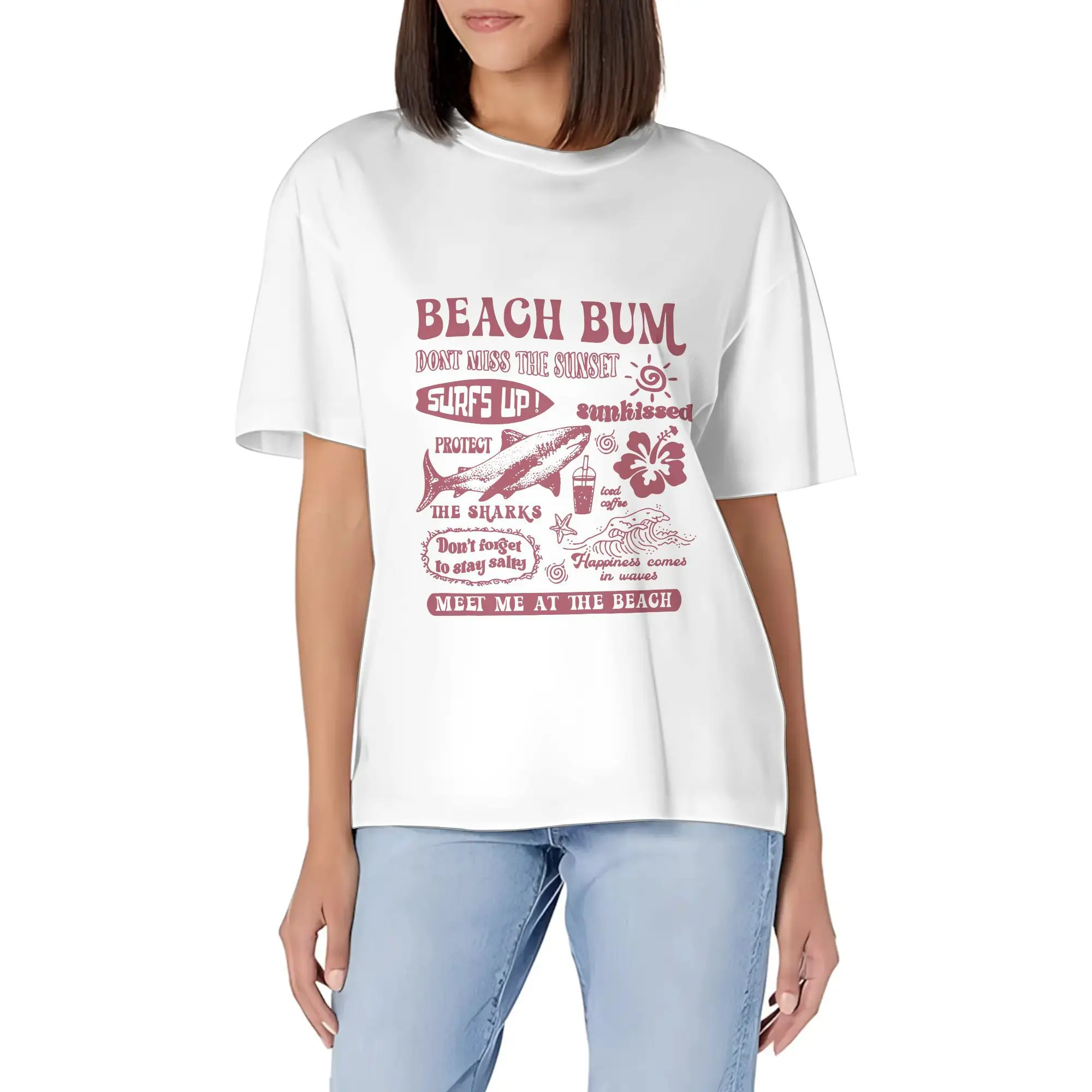 Printed Colored T Shirt Stylish With Minimalist Design Casual Versatile INS Style Beach Bum Surfing Shark Flower Sunset Graphic