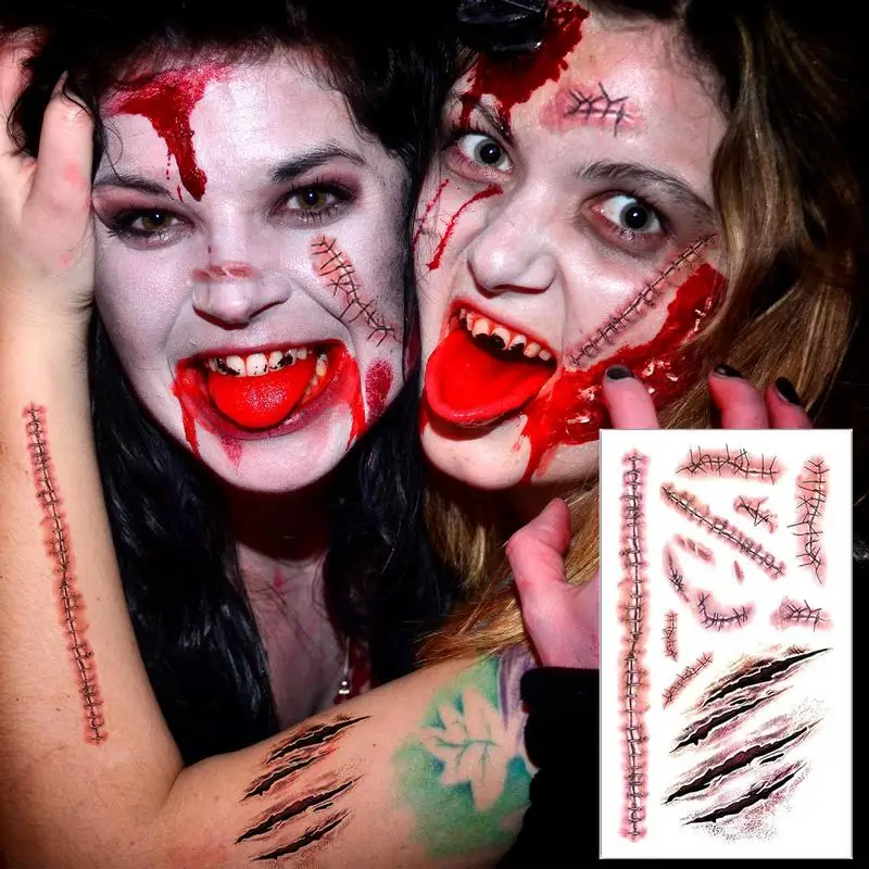 Halloween Bloody Wound Tattoo Stickers Simulation Scar Scab Sticker Halloween Masquerade Prank Makeup Props Cosplay Supplies