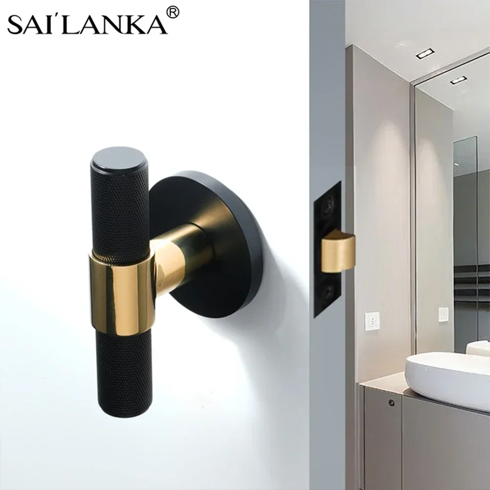 SAILANKA Solid Brass Door Lock Set Knurled Hidden Dummy Knob Modern T-bar Interior Bedroom Bathroom Door Lock Handle Hardwares