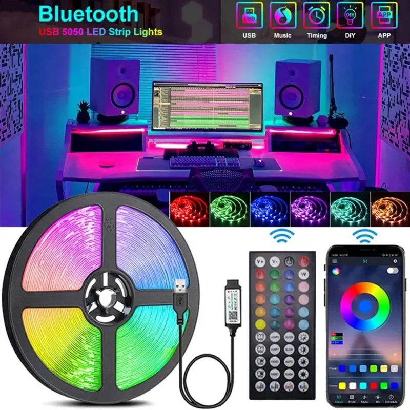 

SEWS-LED Lights Strips With 44Key Remote Control Bluetooth LED RGB Light Strip Flexible Light For Home Christmas Holiday