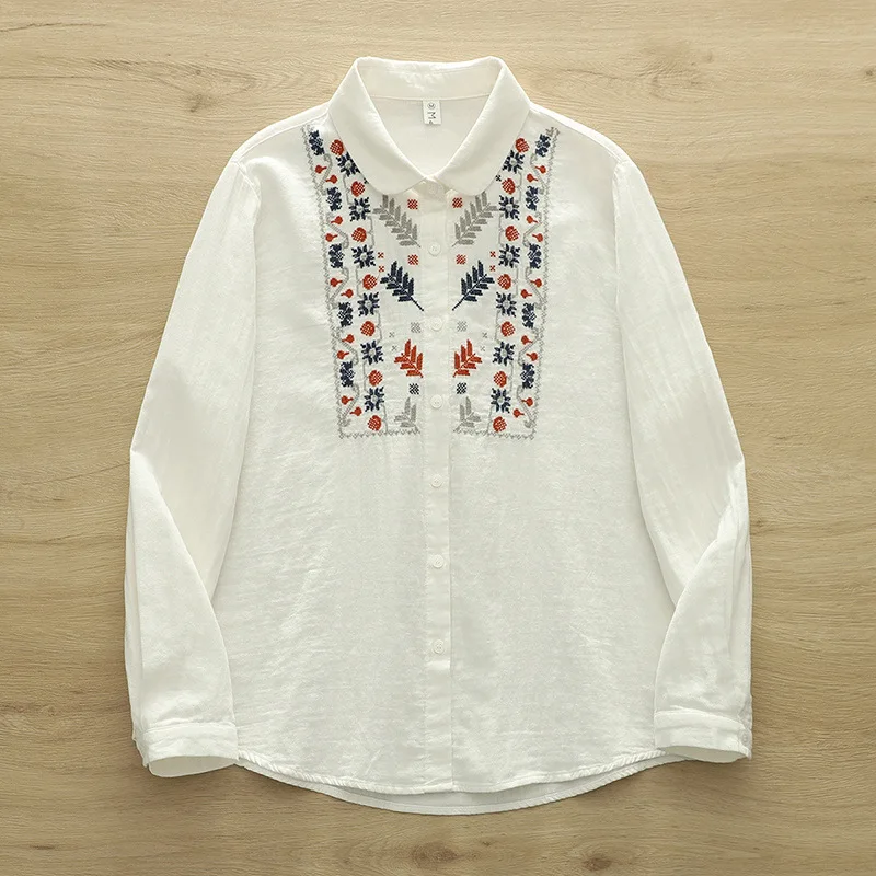 Neues 2025, Frühlings-Baumwollgarn-Langarmshirt, Damen-Umlegekragen-Stickerei, weiche, lockere Bluse im Ethno-Stil für Mädchen T52422CC