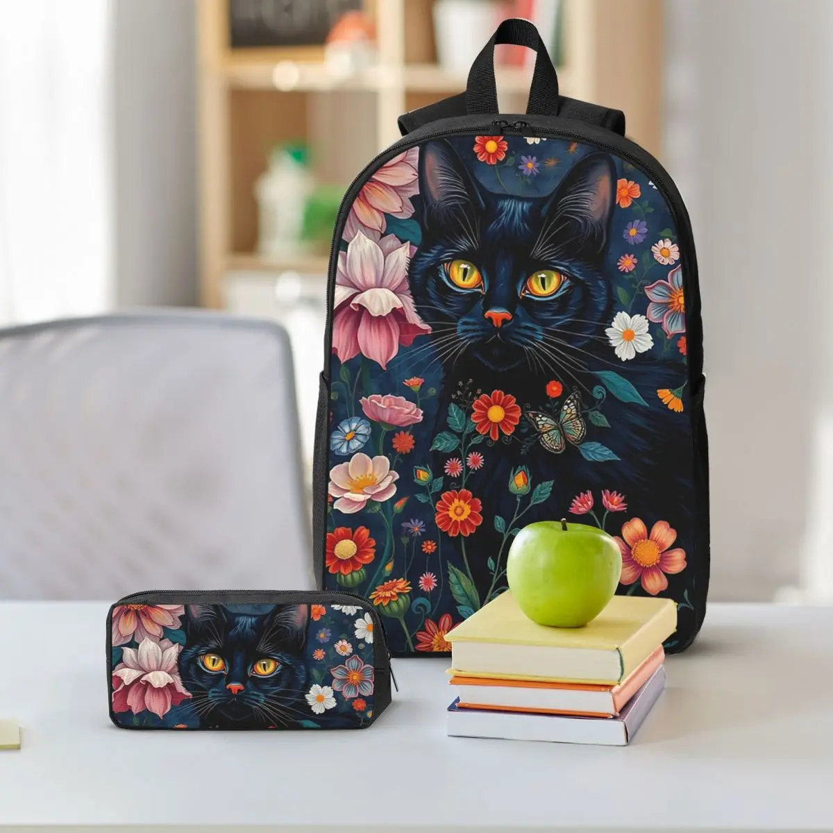 Black Cat In Flower Garden Backpack Student BookBag School Bag Shoulder Bags 3ps Insulated Lunch Bag Pencil Case