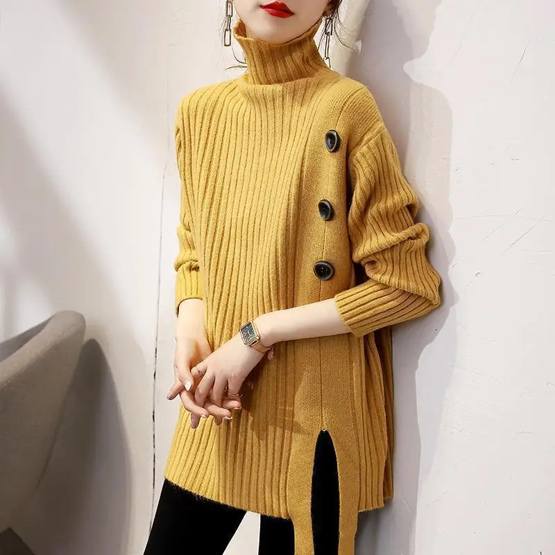 

Women's Turtleneck Striped Patchwork Button Sweater Autumn and Winter Loose All Match Long Sleeve Pullover Knitted Bottom Tops