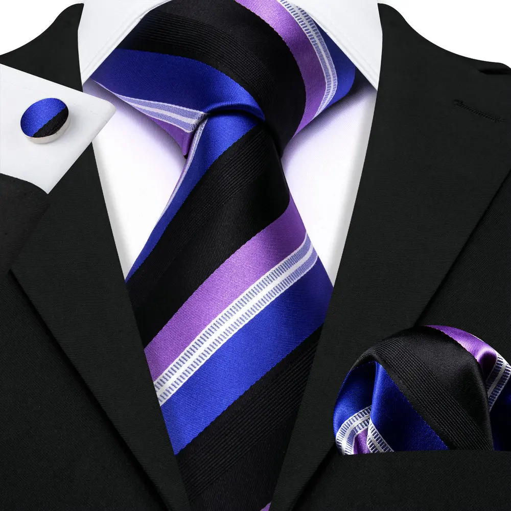 

Blue Purple Black White Ties For Men Classic Stripe Silk Necktie Pocket Square Cufflinks Set Business Party Gift Barry.Wang 6646