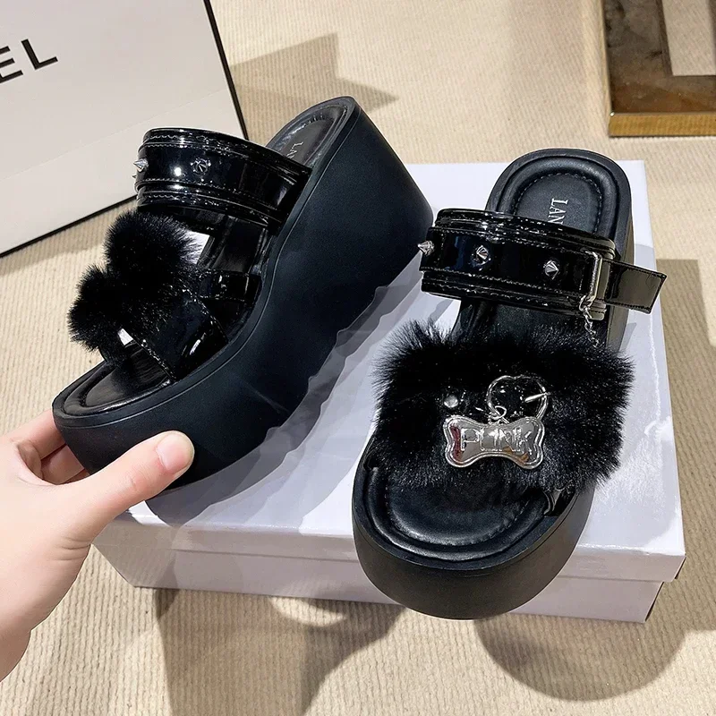 8.5 سنتيمتر الشرير برشام مكتنزة أسفل الارتفاع زيادة الصنادل النساء الصيف الشاطئ تنفس شبشب جلدي الإناث الترفيه أسافين #2