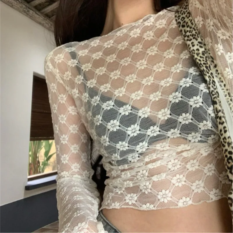 Sexy Women Mesh T-Shirts Transparent Lace Blouse Long Sleeve See Through Tops For Women O Neck Sheer Tees Body Crop Top