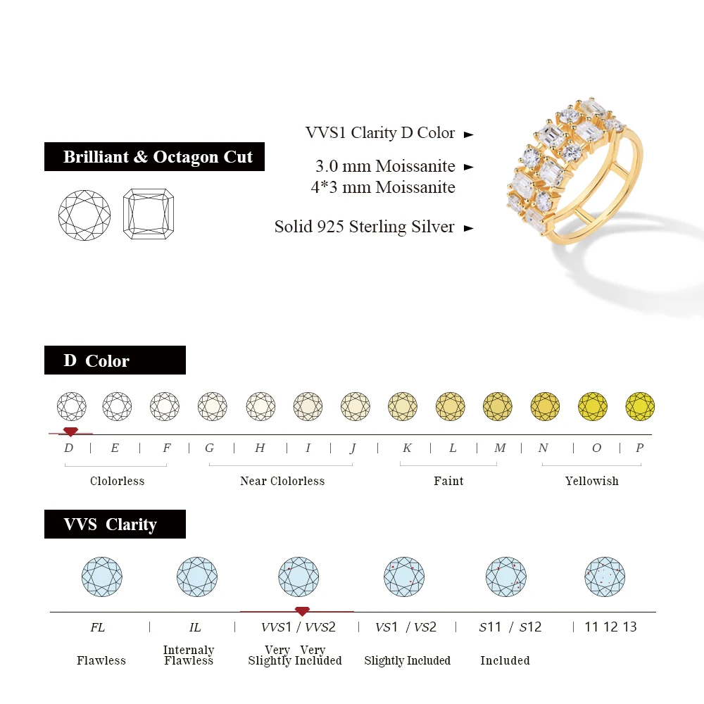 ATTAGEMS D VVS1 Sparkling Moissanite Rings S925 Silver 18K Gold Plated Two-layer Lab Diamonds Engagement Wedding Gift  for Women