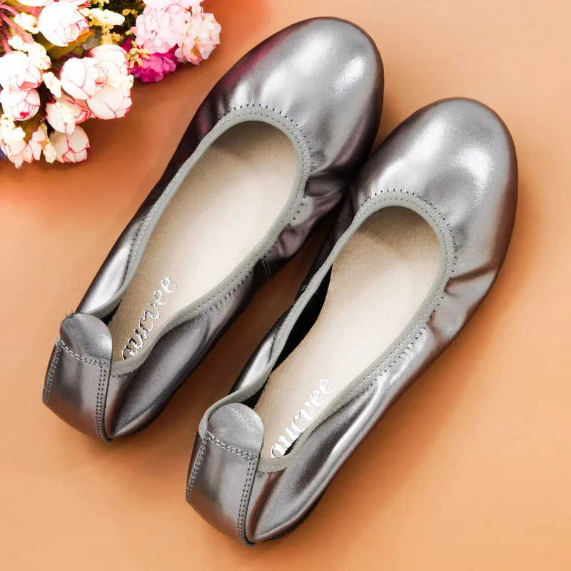 Genuine Leather Women Flats Solid Color Black Flats for Women Slip on Shallow Comfort Foldable Flats for Women Flat Heel Shoes