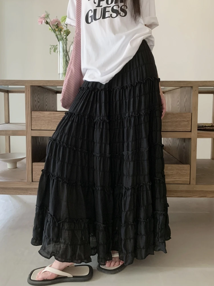 

Mid Long Skirt Women Chiffon Skirt 2024 Goth Lolita Spring Summer High Waisted High Low Ruched Ruffle Pleated Maxi Skirts rok