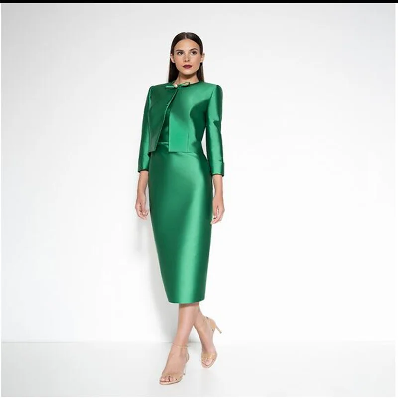 MULONG 2023 Mother Of The Bride Groom Dresses for Wedding 3/4 Sleeves O-Neck 2 Piece Green Satin  vestido de madrinha farsali