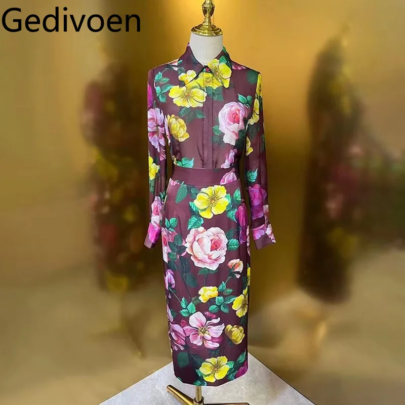 

Gedivoen Fashion Women's Vintage Silk Single-Breasted Turn-Down Collar Printed Shirt Top+Pencil Hip Wrap Half Skirt Two-Piece