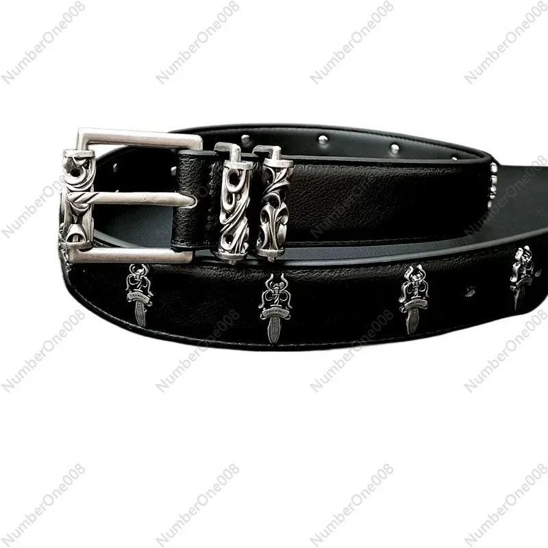 

925 Sterling Silver Holy Sword Head Layer Cowhide Carved Roller Handmade Retro Punk Street Niche Versatile Belt