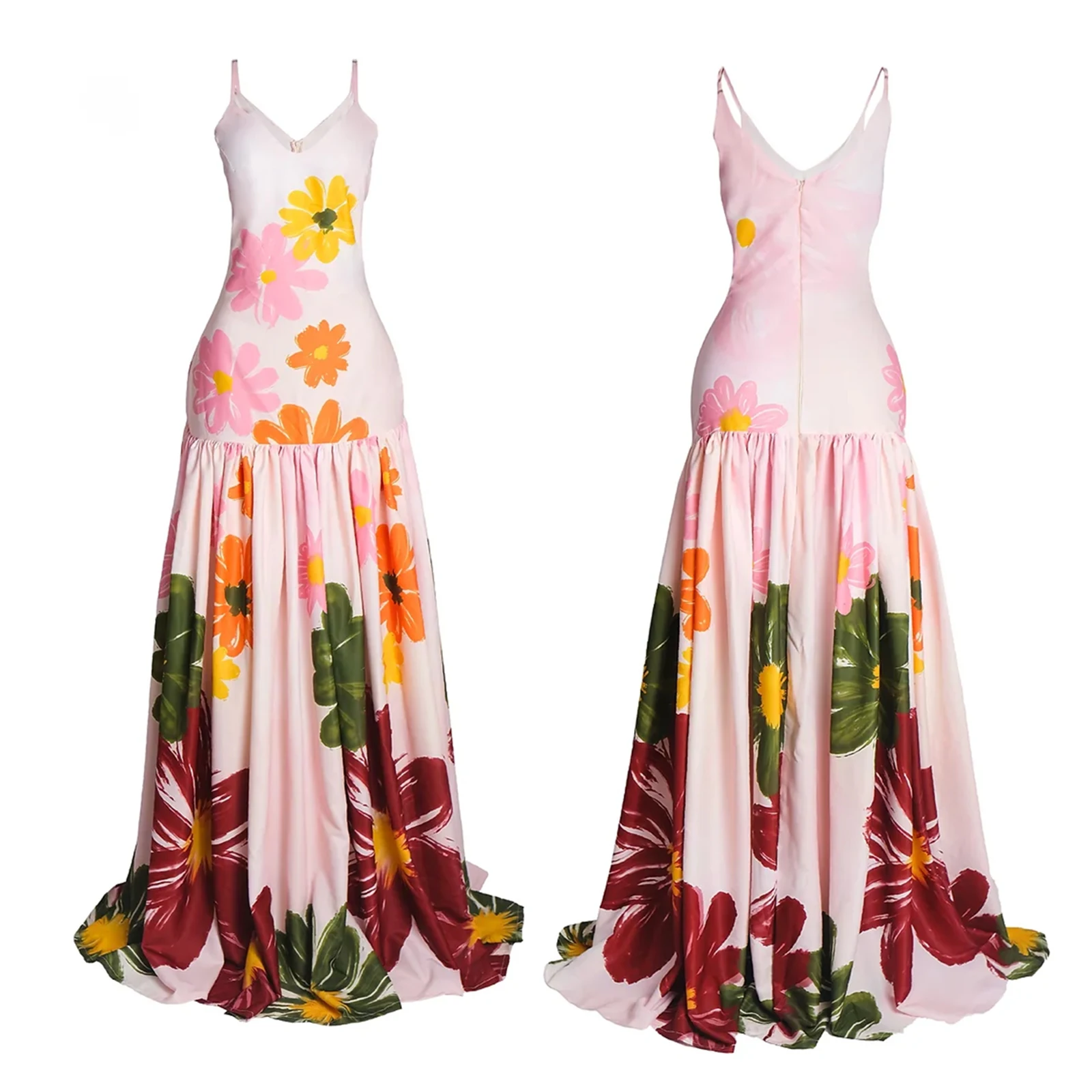 2025 Abiti da festa stile spiaggia Abito estivo lungo da donna senza maniche con stampa floreale Abito con cinturino per spaghetti con orlo fluido