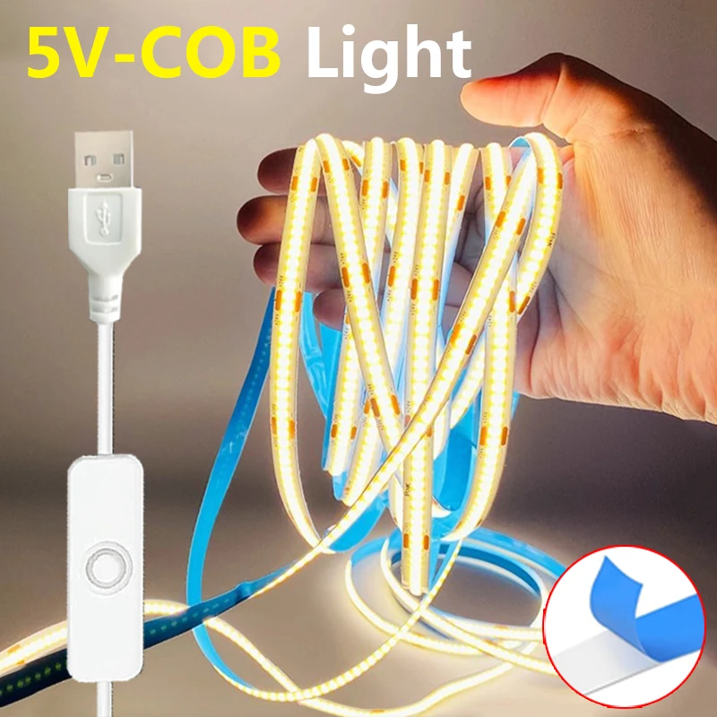 COB LED Strip Light 5V USB Flexible LED Tape with ON OFF Switch High Density Linear Tape for Kitchen, Living Room, DIY Lighting