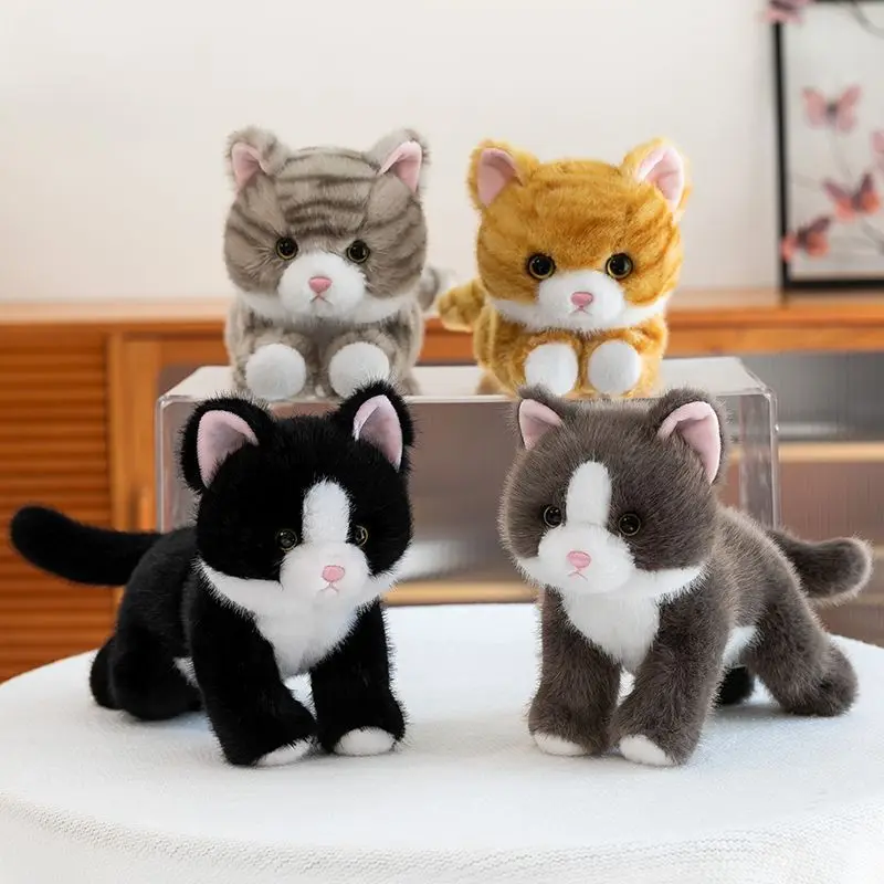 ตุ๊กตาแมวเหมียวเหมือนจริง ลายเส้นแมวดำ พร้อมดอกไม้สามดอก ของขวัญวันเกิดสำหรับเด็กผู้หญิง