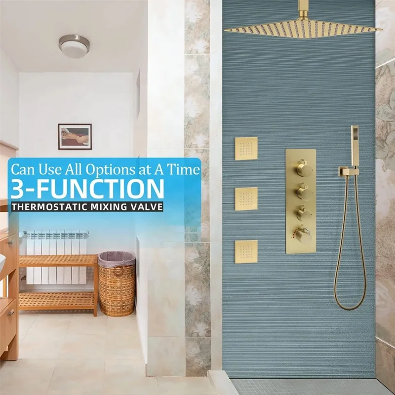 Brushed gold 16 inch concealed thermostatic brass ceiling rain bathroom shower equipment combination system set