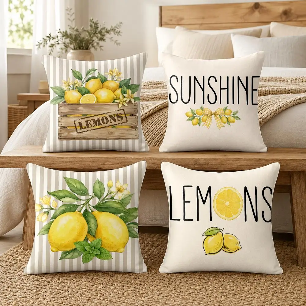 Summer Lemon Print Cushion Cover Silky Short Plush Invisible Zipper Dustproof Sofa Pillow Case For Home Decor