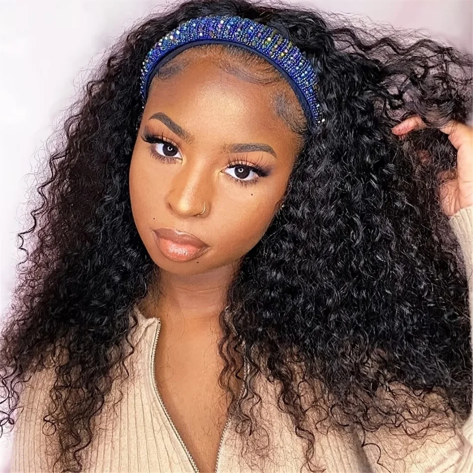 Headband Wig Human Hair Deep Wave Curly Half Head Wigs For Women 10A Brazilian Glueless Wear Go Wigs Machine Made 180% Density Drawstring Natural Black Color Wigs