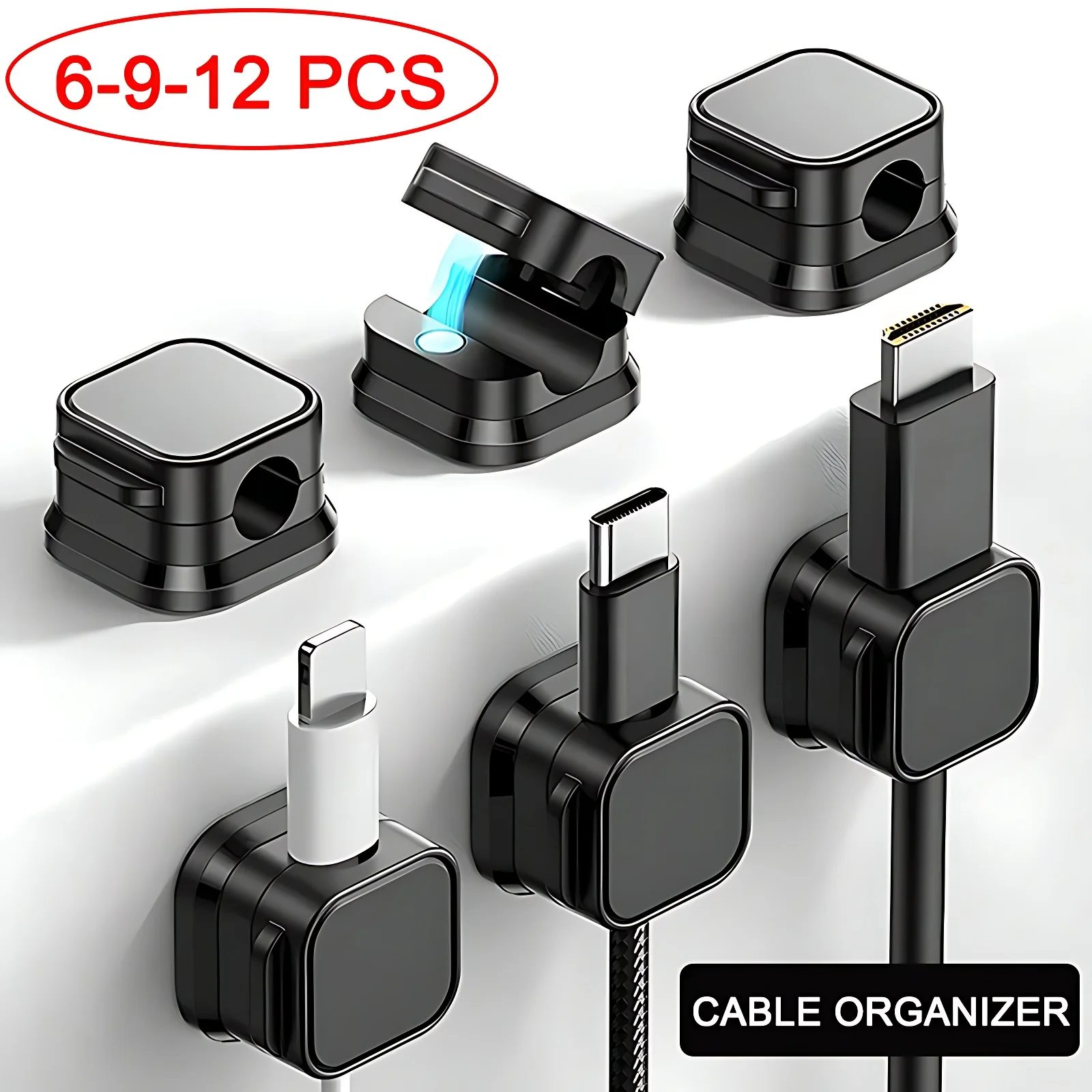 6/9/12 Pcs Magnetic Cable Clip Cord Holder Adhesive Wire Holder Keeper Organizer for Home Office Car Under Desk Cable Management