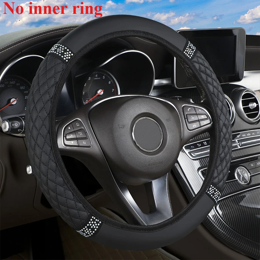 Auto-Lenkradbezug ohne Innenring, 37–38 cm, dreidimensionales Leder, bestickt, mit Diamanten besetzt, atmungsaktiv